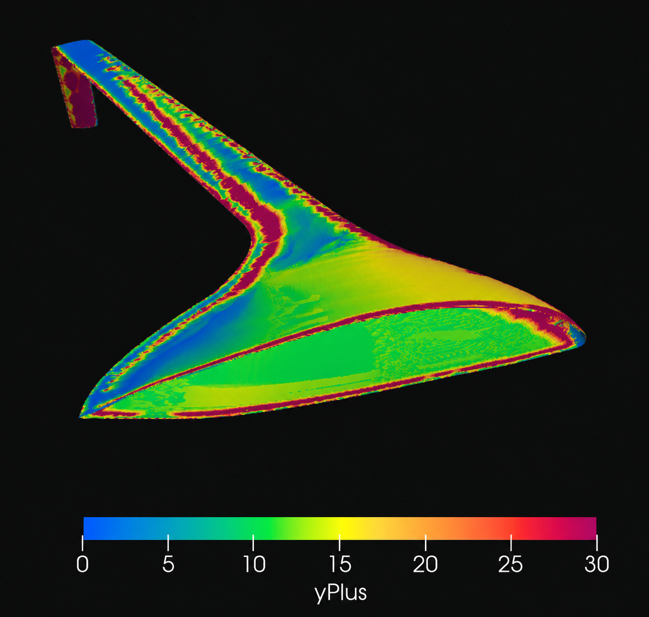 Eagle Ray OpenFOAM y-plus visualization with a color scale from 0 to 30