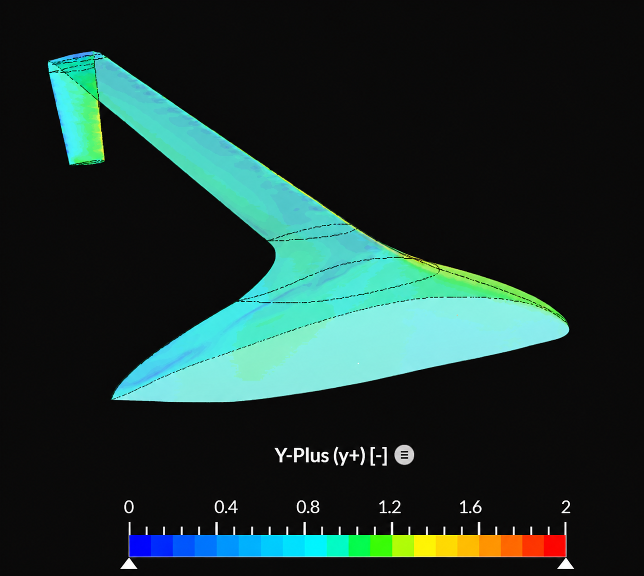 Eagle Ray aircraft CFD surface y-plus visualization with color scale