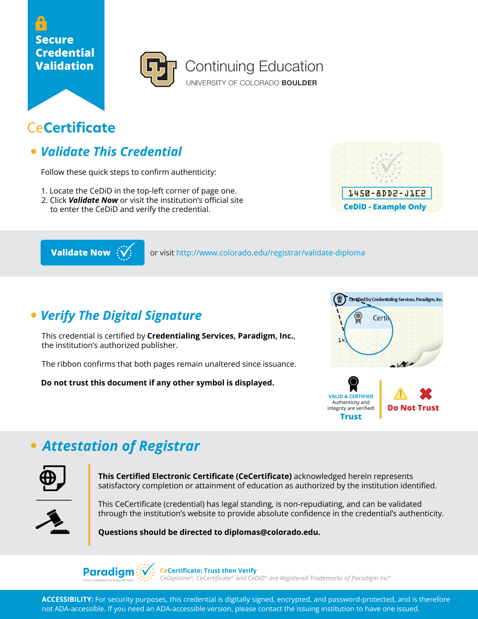 Page two of the certificate: secure credential validation and digital signature information