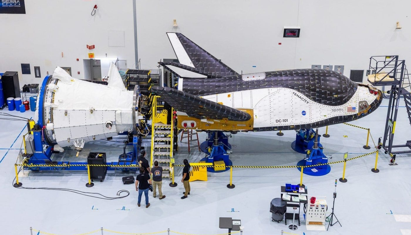 Sierra Space Dream Chaser Tenacity spacecraft in an assembly facility